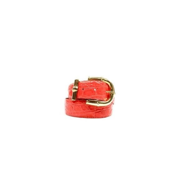 Vintage 80's OMEGA Red Croc Embossed Patent Leather Gold Bamboo Belt, Size M - Picture 1 of 5